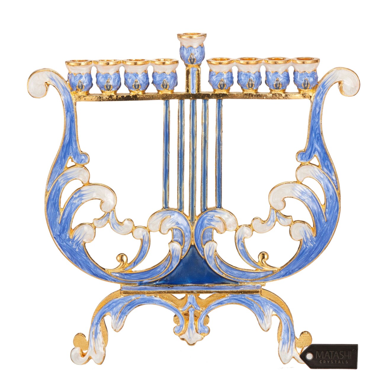 Matashi Hand Painted Blue And Ivory Harp Menorah Candelabra With Gold Accents And Fine Crystals Jewish Candle Holder